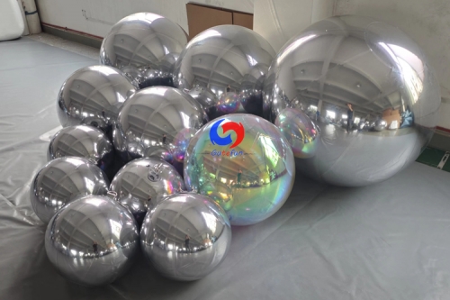 themed event ceiling decoration re-usable giant inflatable chrome spheres mirror balls big shiny silver color balloons