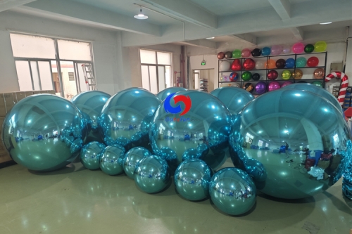 Gorgeous custom event arrangement wedding proposal decor Teal Inflatable Chrome Balloons light blue big shiny balls